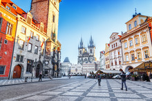 Classical View At Old Town Hall (15th Century), Town Square And Church Of Lady Tyn (1365) In Prague City. Astronomical Clock Visible. Iconic Travel Destination. Clear Morning Scenery.