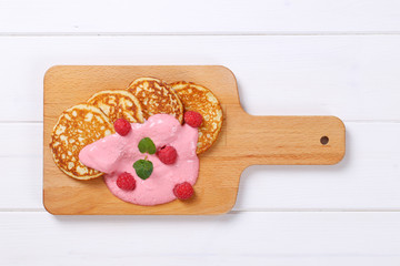 Poster - american pancakes with yogurt and raspberries