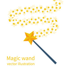 Magic wand with a star. Trace of gold dust. Magic abstract background isolated on white. Miracle and magic. Vector illustration flat design.