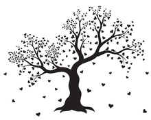 Vector Illustration Of Decorative, Abstract Tree With Hearts And Couple Of Birds In Black Color On White Background. Wall Sticker. 