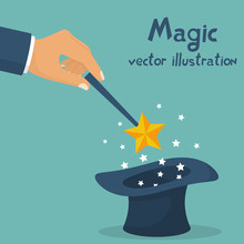 Hand Holding Magic Wand. Sparks Of Stars Over A Magical Black Hat. Magician Performs Tricks, Focus And Illusions. Show Entertainment. Vector Illustration Flat Design. Isolated On White Background.