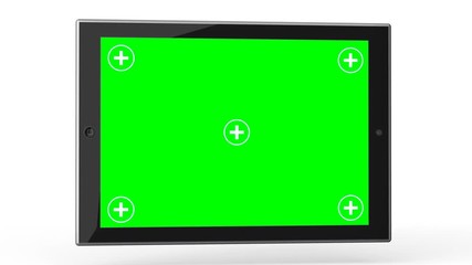 Tablet computer with green screen and luma matte on a white background and tracking targets.