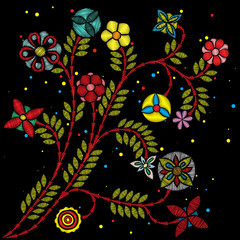 Wall Mural - Embroidery colorful trend floral bouquet. Contemporary traditional folk with flowers arrangements on black background for dress design. Branch of tropical japanese youth blooms. Vector.