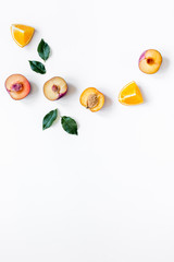 Wall Mural - woman summer breackfast with orange and peach fruits on white background flat lay mockup