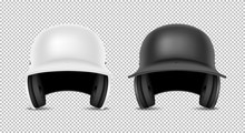 Realistic Classic Baseball Helmet Set - Black And White Color. Isolated On Transparent Background. Front View. Design Template Closeup In Vector. Mock-up For Branding And Advertise.