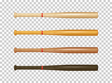 Illistration Of Realistic Wooden Baseball Bat Icon Set. Closeup Isolated On Transparent Background. Design Template In Vector.