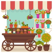 Trade Tent With Beautiful Flowers In Pots Illustration