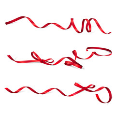 Set of shiny narrow curved red ribbons with small bows. Vector realistic elements for gift cards, vouchers and certificates. Isolated from the background.