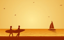 Silhouette Couple Surfer Carrying Surfboard On Beach Under Sunset Sky Background In Flat Icon Design