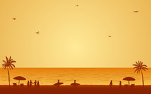 Silhouette People With Surfboard On Beach Under Sunset Sky Background In Flat Icon Design