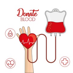 Wall Mural - hand with cardio heart and blood bag icon over white background colorful design vector illustration