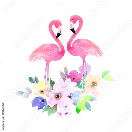 Couple pink flamingos and bouquet flowers. Watercolor print for  invitation, birthday, celebration, greeting card