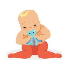 Poster - Adorable baby sitting and playing with octopus teether toy, colorful cartoon character vector Illustration