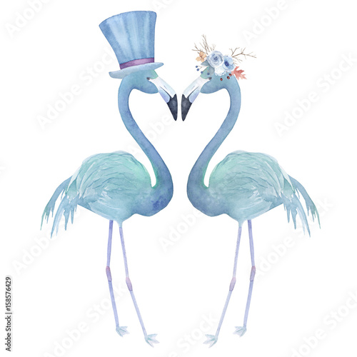 Two watercolor flamingo. Hand drawn illustration for wedding, invitation, gre...