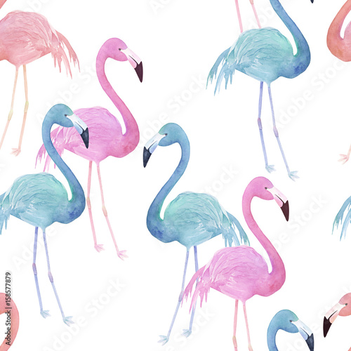 Watercolor seamless pattern with flamingo. Hand drawn illustration