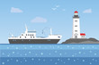 Fishing boat against the lighthouse. Vector illustration.