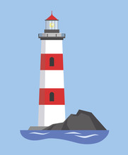The Image Of The Lighthouse On The Mountain. Vector Illustration.