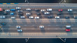 Aerial top view of bridge road automobile traffic of many cars, transportation concept
