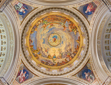 TURIN, ITALY - MARCH 15, 2017: The Cupola With The Fresco Of Battle Of Lepanto In 1571 In And Mary Help Of Christians In Cupola Of Church Basilica Maria Ausiliatrice By Giuseppe Rollini (1889 - 1891).