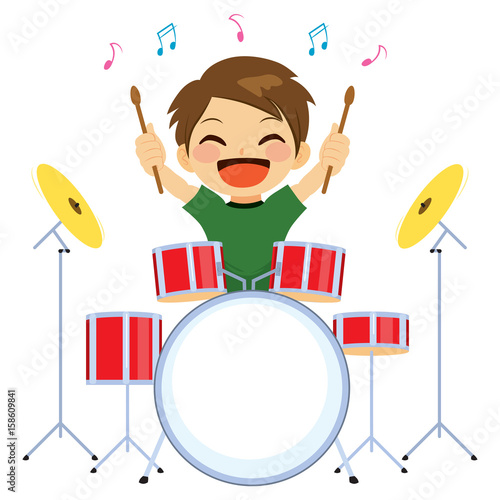 Cute young little boy happy playing drums comprar este vector de stock
