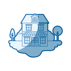 Sticker - blue shading silhouette scene of outdoor landscape and house with two floors with attic and awning vector illustration