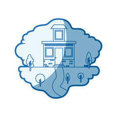 Sticker - blue shading silhouette scene of natural landscape and house with small attic vector illustration