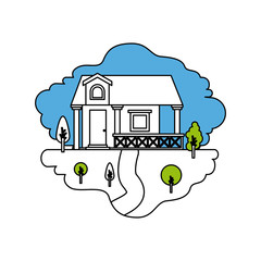 Sticker - color sections silhouette scene of natural landscape and facade house with railing and attic vector illustration