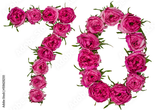 Arabic numeral 70, seventy, seven, from red flowers of rose, isolated on white b Poster