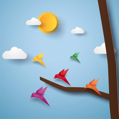 Wall Mural - Flock of birds flying  , paper art style