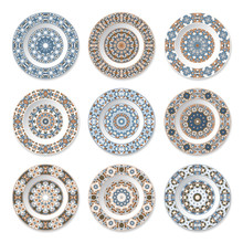 Nine Decorative Plates With Circular Colored Pattern