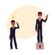 © sabelskaya - Black, African American businessman, manager has insight, gets idea, achieves and celebrates success, cartoon vector illustration with space for text. Black businessman, idea and success