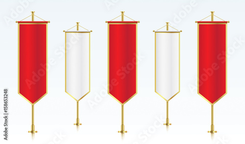 Five Red And White Vertical Royal Flags Standing In A Row Banner