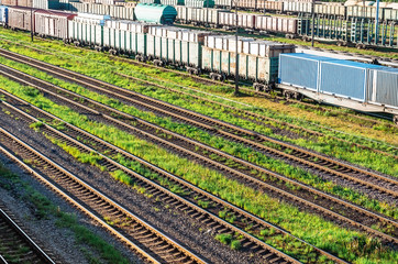 Poster - Railway at the marshalling yard grass, freight cars.