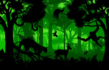 Vector evening indonesian tropical rainforest Jungle background with clouded leopard, gazelle, python, paradise bird and orangutan