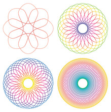 Collection Of 4 Rainbow Colored Line Spirograph Abstract Elements - 4 Different Geometric Ornaments Flower Like, Symmetry, Isolated On White