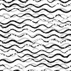 Wall Mural - Beautiful seamless pattern with wavy brush strokes. Black and white monochrome background. Ornamental print for t-shirts. Ornament for wrapping paper