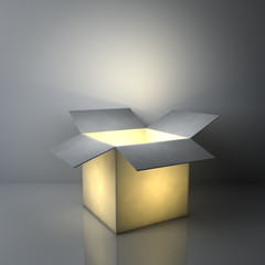 Fototapete - Creative idea concepts , One luminous opened light box glowing on dark grey background with reflections and shadows. 3D rendering.