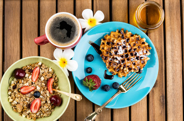 Wall Mural - Photo of healthy breakfast on wooden background