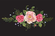 Embroidery traditional pattern with pink roses and forget me not blossom. Vector embroidered floral design with flowers for fashion wearing.