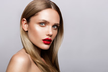 Beautiful Young Model With Red Lips And Nude Manicure