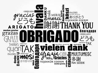 Wall Mural - Obrigado (Thank You in Portuguese) Word Cloud background, all languages, multilingual for education or thanksgiving day