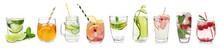 Different Drinks In Glasses On White Background. Ideas For Summer Cocktails