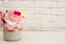 Pink Roses Mock Up. Styled Photography. Brick Wall Product Display. White Desk. Vase With Pink Roses. Fashion Lifestyle