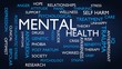 Mental health word tag cloud. 3D rendering, blue variant.
