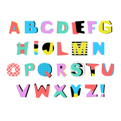 Artistic Alphabet in trendy Memphis geometric style. Creative font. Vector English Alphabet Set.