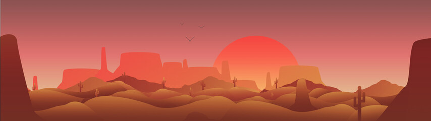 Desert Panorama with Cactus and Mesa  - Vector Illustration