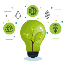 Green Light Bulb With Crop And Hand Drawn Related Icons Over White Background Vector Illustration