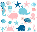 Fototapeta Fototapety na ścianę do pokoju dziecięcego - Cute ocean set with sea creatures for girls and boys summer baby shower and birthday designs