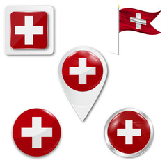 Sticker - Set of icons of the national flag of Switzerland in different designs on a white background. Realistic vector illustration. Button, pointer and checkbox.