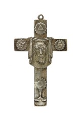 Wall Mural - Old silver cross with a Christogram  by Ludovic Penin, 19th century, against white background